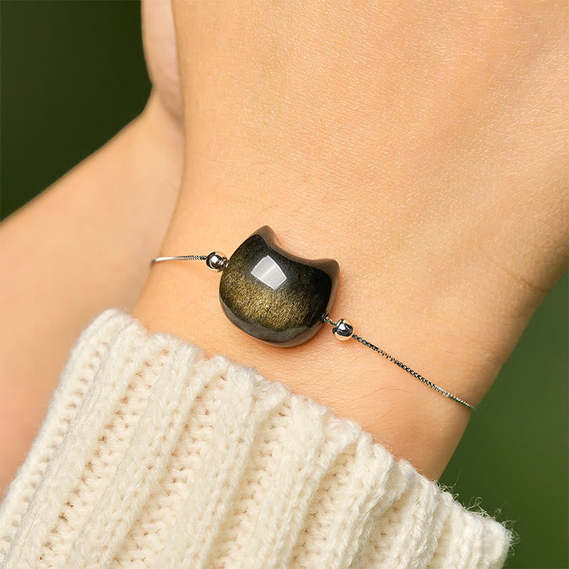 Nimara Ritual 925 Sterling Silver Silver Sheen Obsidian Gold Sheen Obsidian Cat Soothing Bracelet