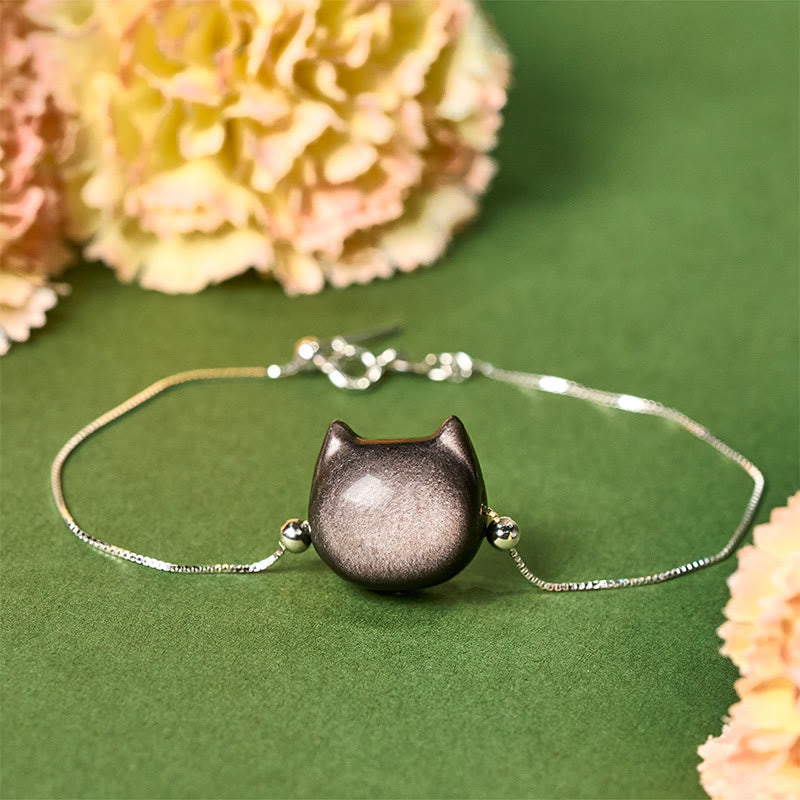 Nimara Ritual 925 Sterling Silver Silver Sheen Obsidian Gold Sheen Obsidian Cat Soothing Bracelet