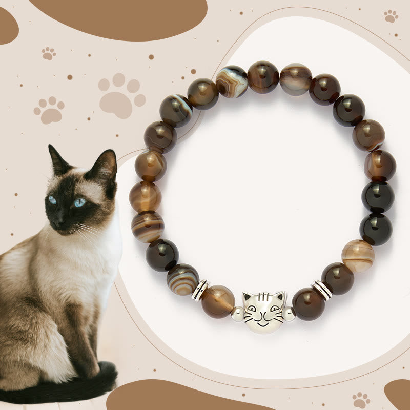 Nimara Ritual Chocolate Siamese Cat Natural Brown Striped Agate Bead Stability Bracelet