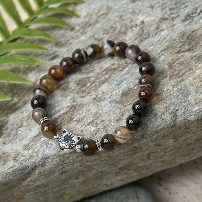 Nimara Ritual Chocolate Siamese Cat Natural Brown Striped Agate Bead Stability Bracelet