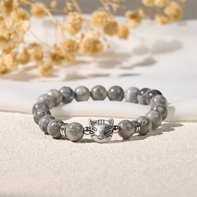 Nimara Ritual Cute Cat Natural Grey Jasper Bead Healing Bracelet