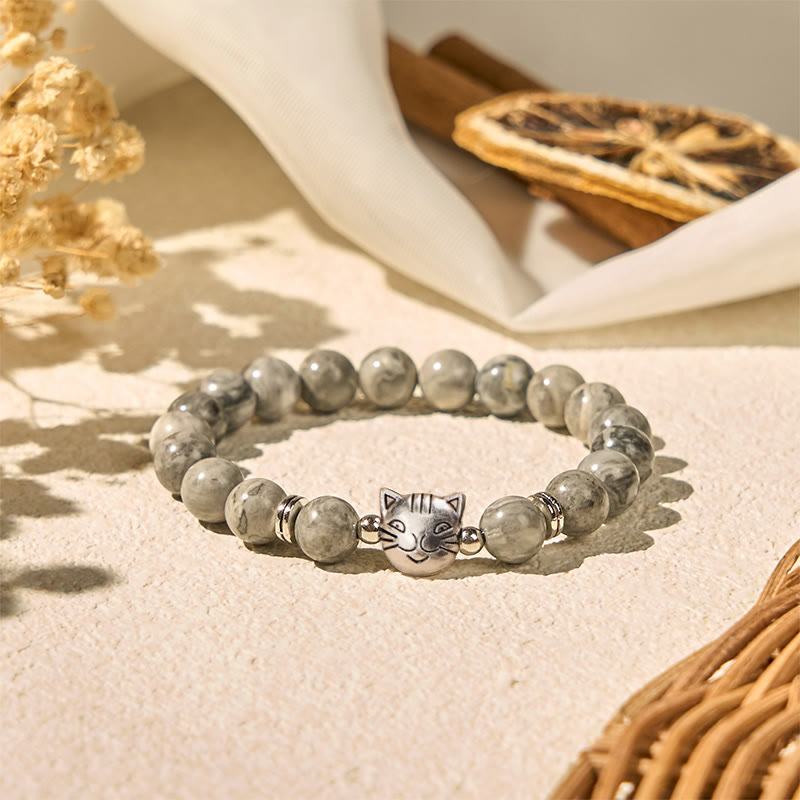 Nimara Ritual Cute Cat Natural Grey Jasper Bead Healing Bracelet
