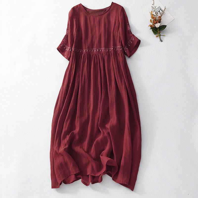 Nimara Ritual Solid Color Embroidery Short Sleeve Cotton Midi Dress With Pockets