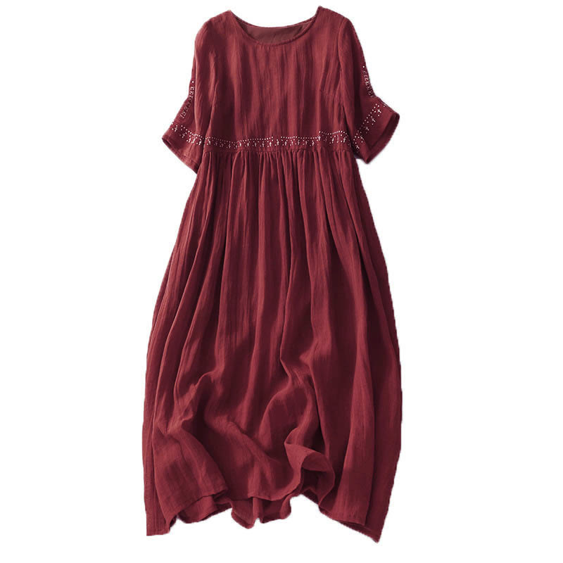 Nimara Ritual Solid Color Embroidery Short Sleeve Cotton Midi Dress With Pockets