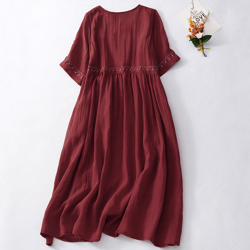 Nimara Ritual Solid Color Embroidery Short Sleeve Cotton Midi Dress With Pockets