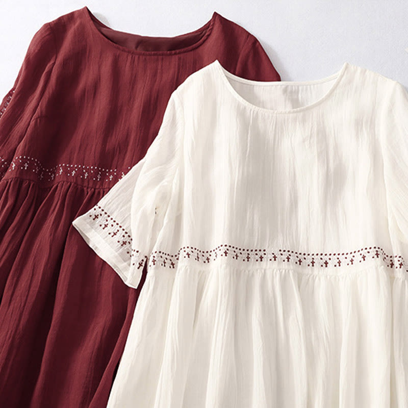 Nimara Ritual Solid Color Embroidery Short Sleeve Cotton Midi Dress With Pockets