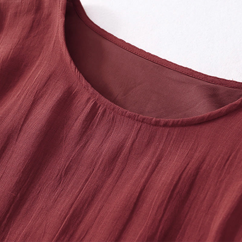 Nimara Ritual Solid Color Embroidery Short Sleeve Cotton Midi Dress With Pockets