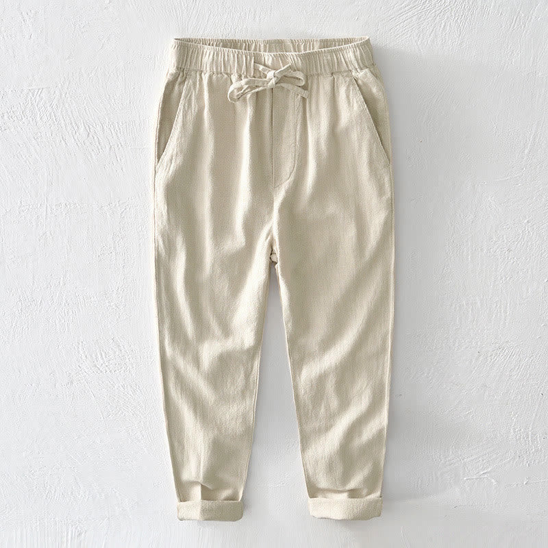 Nimara Ritual Casual Solid Color Simple Design Drawstring Ramie Linen Men's Pants With Pockets