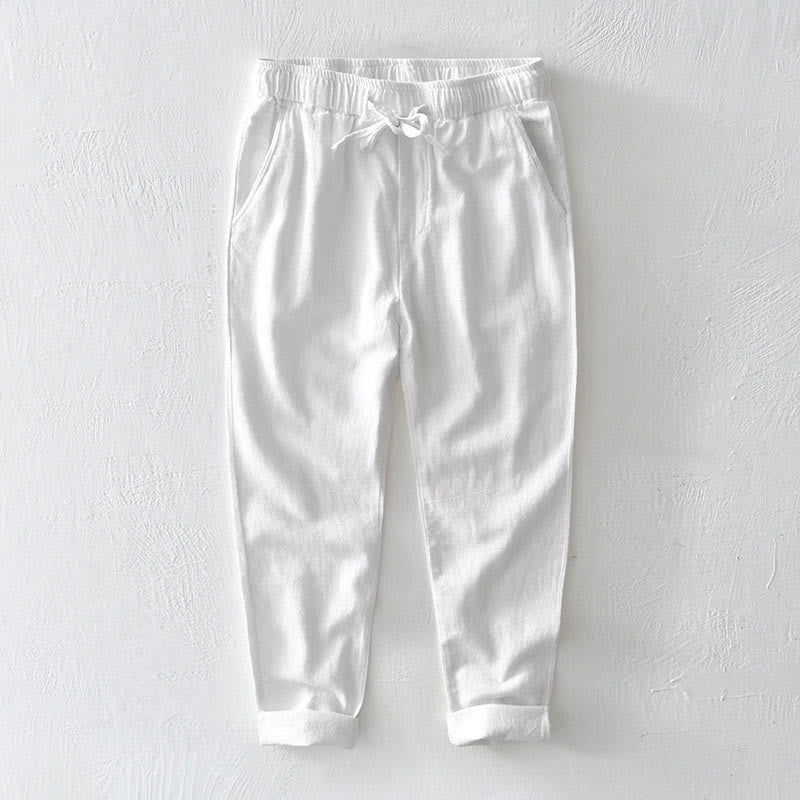 Nimara Ritual Casual Solid Color Simple Design Drawstring Ramie Linen Men's Pants With Pockets