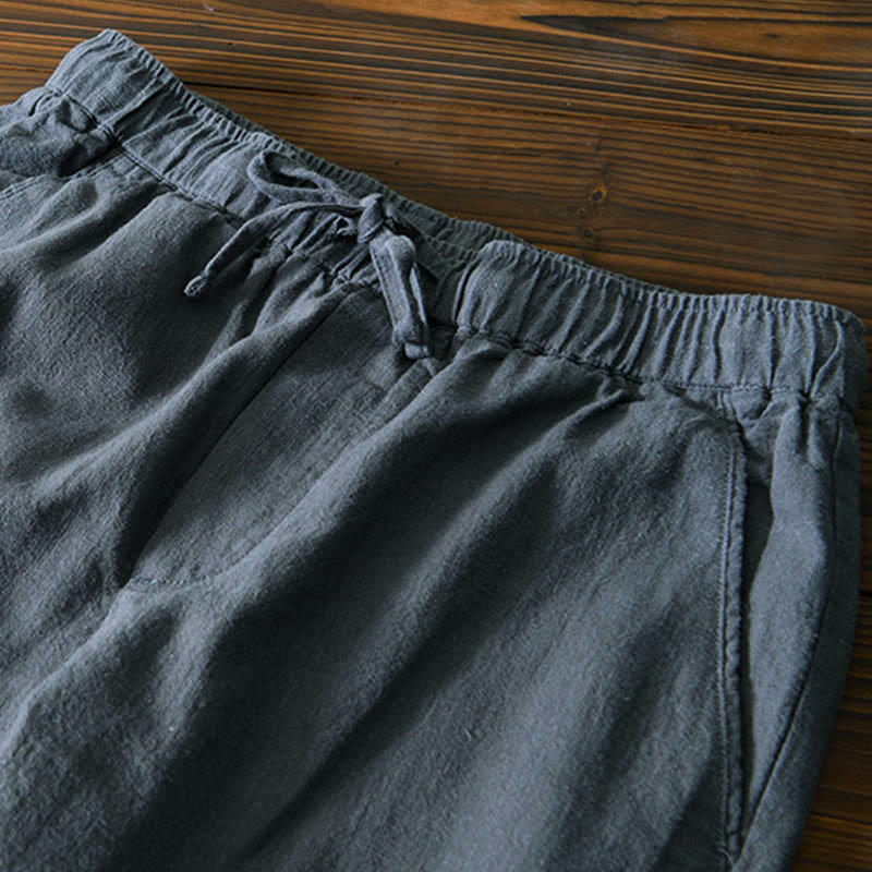 Nimara Ritual Casual Solid Color Simple Design Drawstring Ramie Linen Men's Pants With Pockets