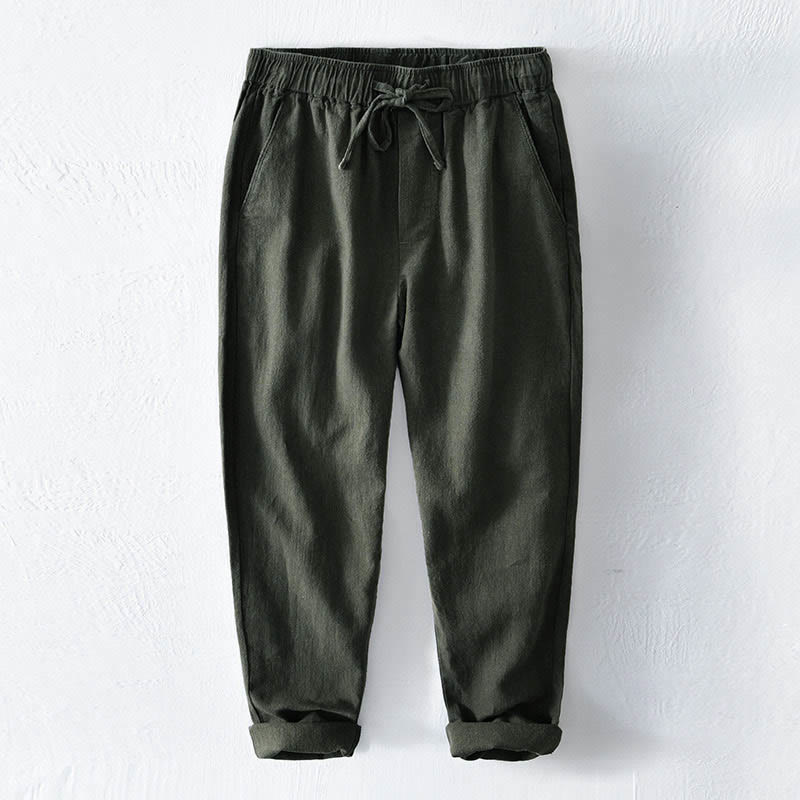 Nimara Ritual Casual Solid Color Simple Design Drawstring Ramie Linen Men's Pants With Pockets