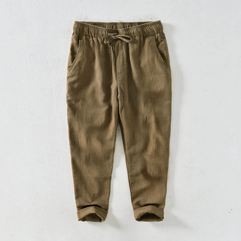 Nimara Ritual Casual Solid Color Simple Design Drawstring Ramie Linen Men's Pants With Pockets
