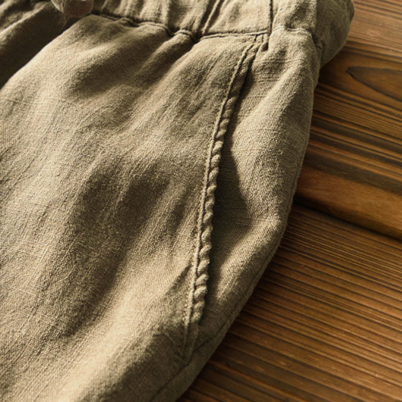 Nimara Ritual Casual Solid Color Simple Design Drawstring Ramie Linen Men's Pants With Pockets