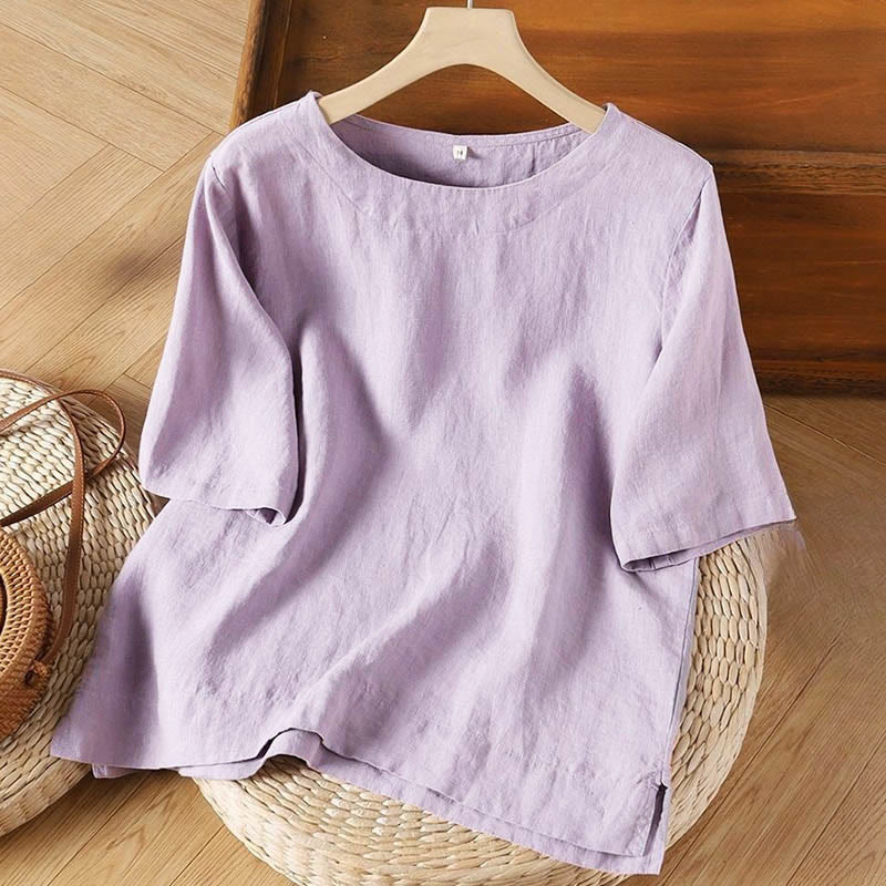 Nimara Ritual Simple Plain Short Sleeve Crew Neck Side Slit Cotton Women's T-Shirt