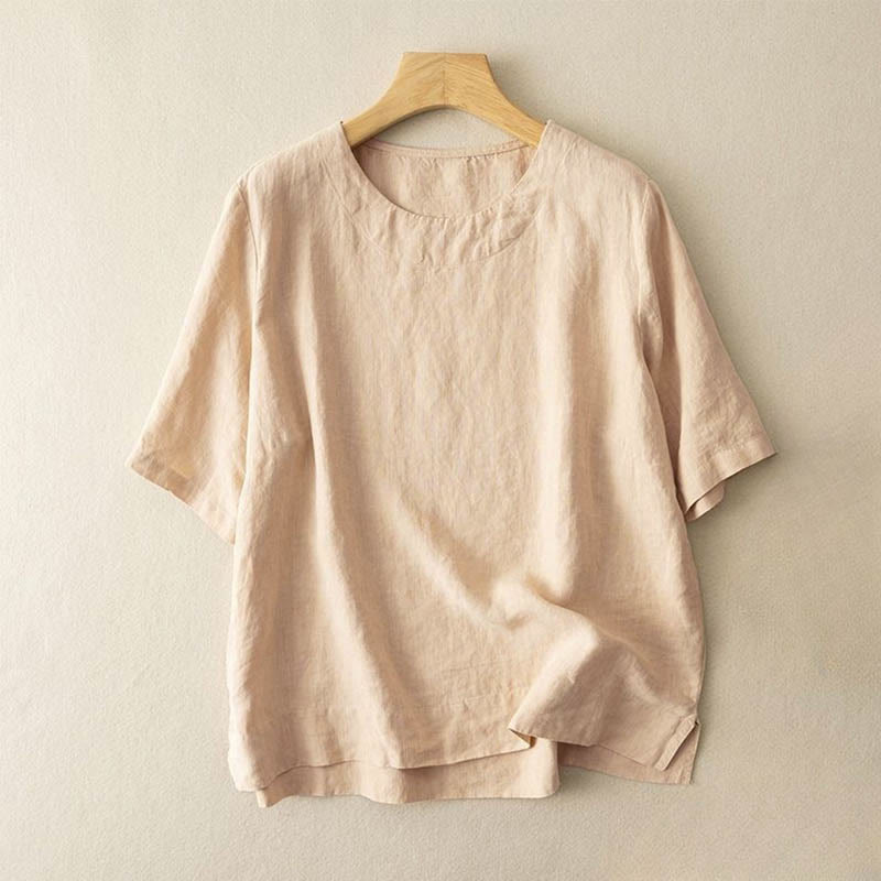 Nimara Ritual Simple Plain Short Sleeve Crew Neck Side Slit Cotton Women's T-Shirt