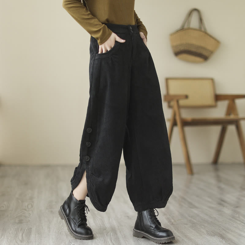 Nimara Ritual Casual Buttons Leg Opening Design Women's Corduroy Pants With Pockets