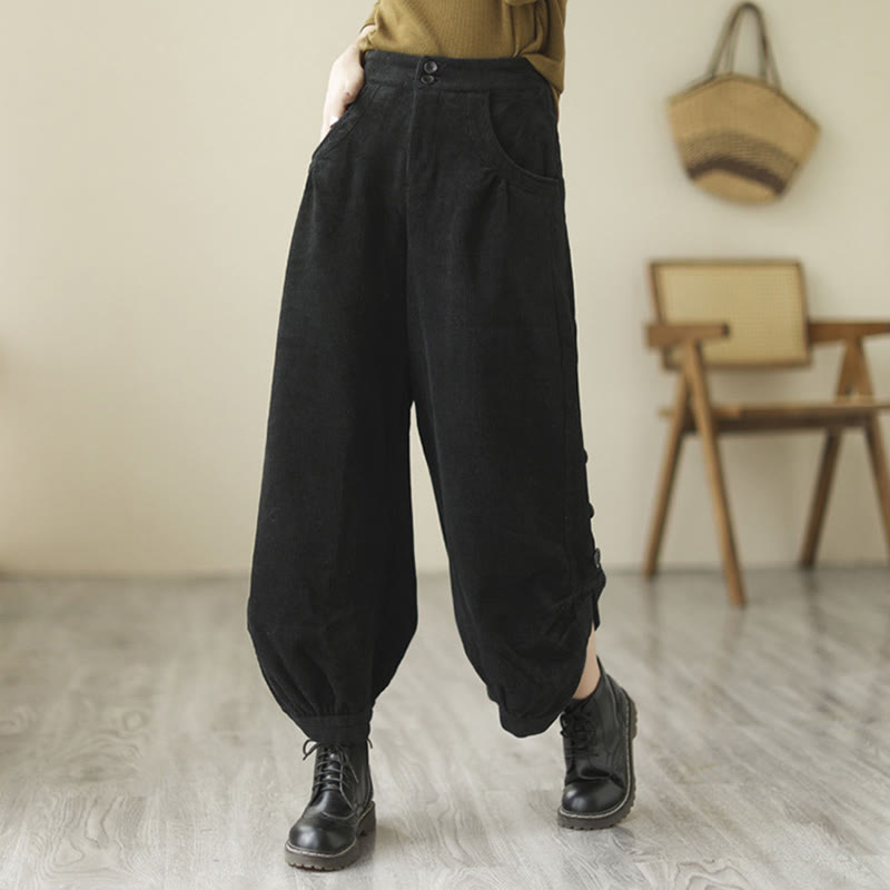 Nimara Ritual Casual Buttons Leg Opening Design Women's Corduroy Pants With Pockets