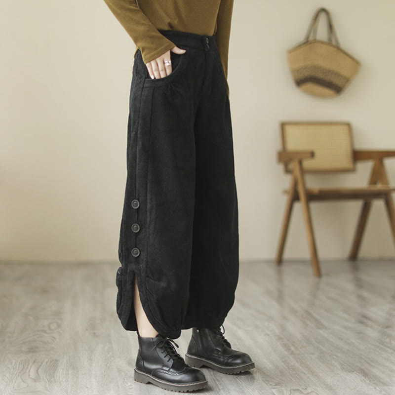 Nimara Ritual Casual Buttons Leg Opening Design Women's Corduroy Pants With Pockets
