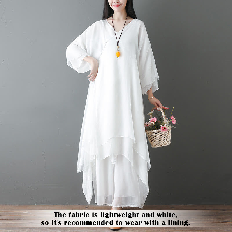 Nimara Ritual V-Neck Midi Tunic Dress Wide Leg Pants Meditation Zen Practice Dance Clothing