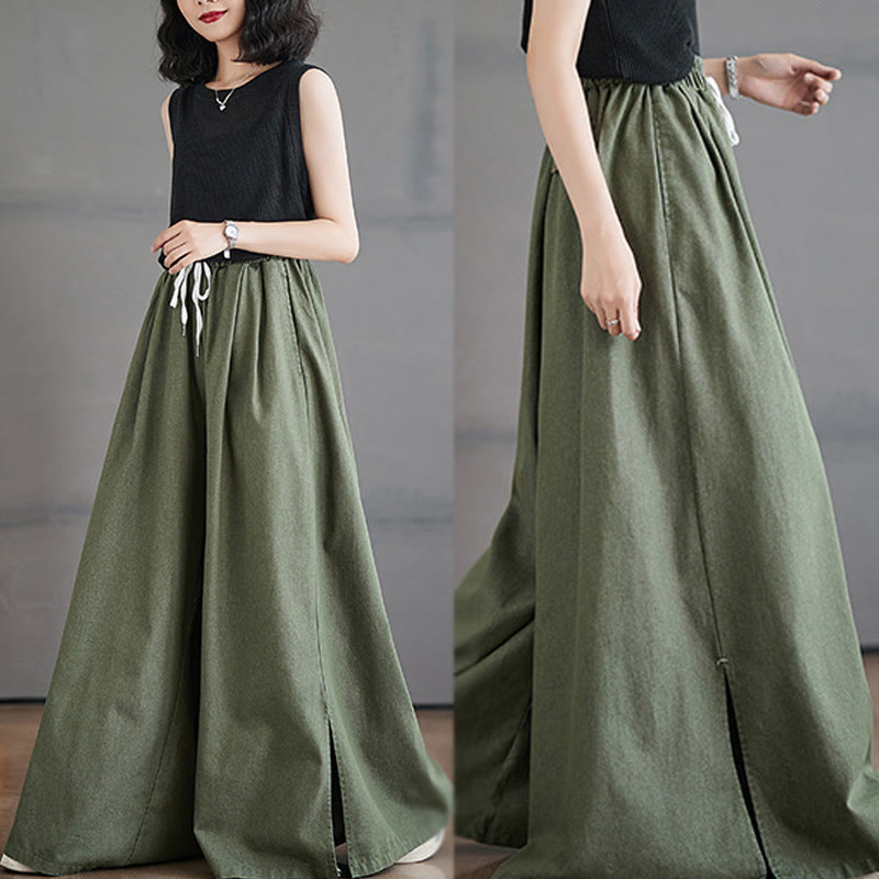 Nimara Ritual Retro Leg Opening Slit Design Women's Wide Leg Pants With Pockets