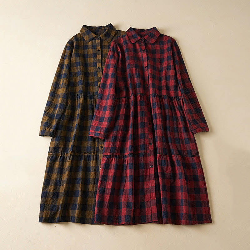 Nimara Ritual Contrast Color Plaid Buttons Design Long Sleeve Midi Dress With Pockets