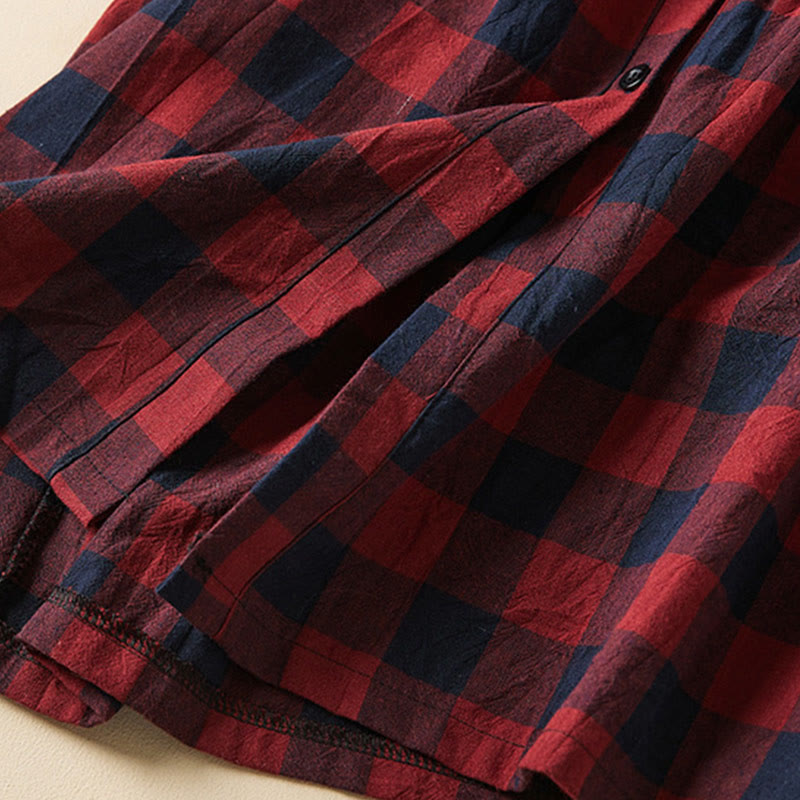 Nimara Ritual Contrast Color Plaid Buttons Design Long Sleeve Midi Dress With Pockets