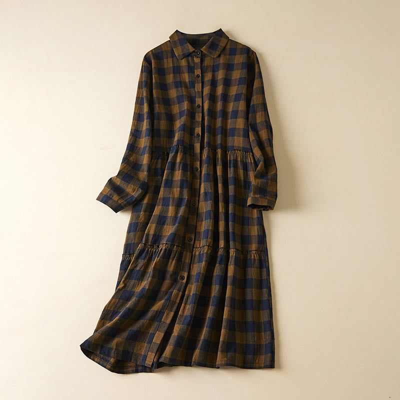 Nimara Ritual Contrast Color Plaid Buttons Design Long Sleeve Midi Dress With Pockets