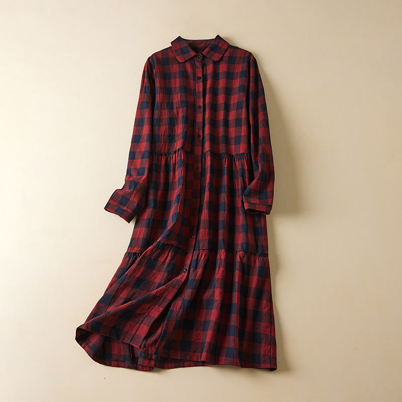 Nimara Ritual Contrast Color Plaid Buttons Design Long Sleeve Midi Dress With Pockets