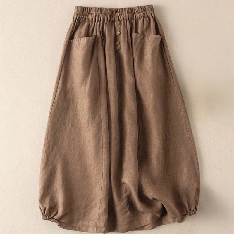 Nimara Ritual Summer Solid Button Elastic Waist 7-8 Length Women's Skirt With Pockets