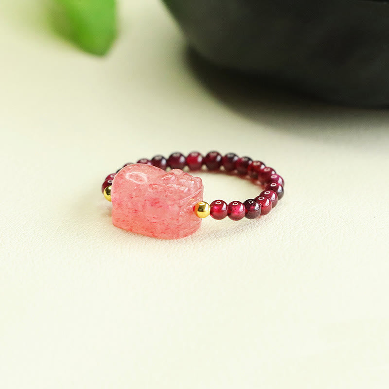 Nimara Ritual Garnet Beads Strawberry Quartz Pixiu Protection Ring