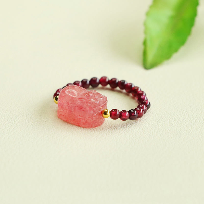 Nimara Ritual Garnet Beads Strawberry Quartz Pixiu Protection Ring