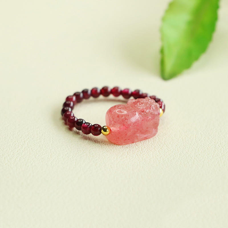Nimara Ritual Garnet Beads Strawberry Quartz Pixiu Protection Ring