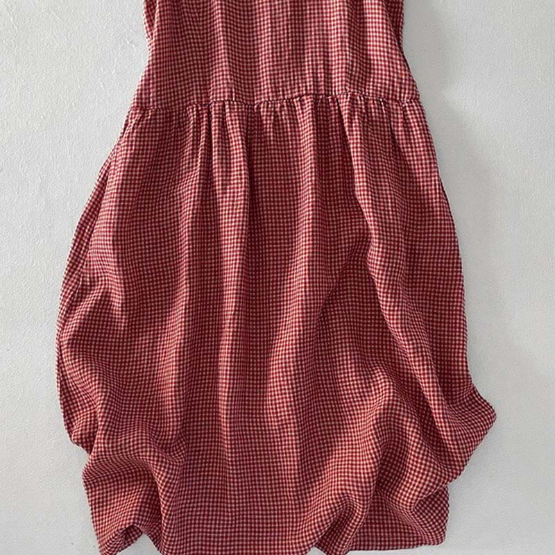 Nimara Ritual Casual Plain Handmade Plaid Midi Dress Cotton Sleeveless Dress With Pockets