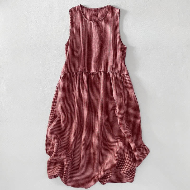 Nimara Ritual Casual Plain Handmade Plaid Midi Dress Cotton Sleeveless Dress With Pockets