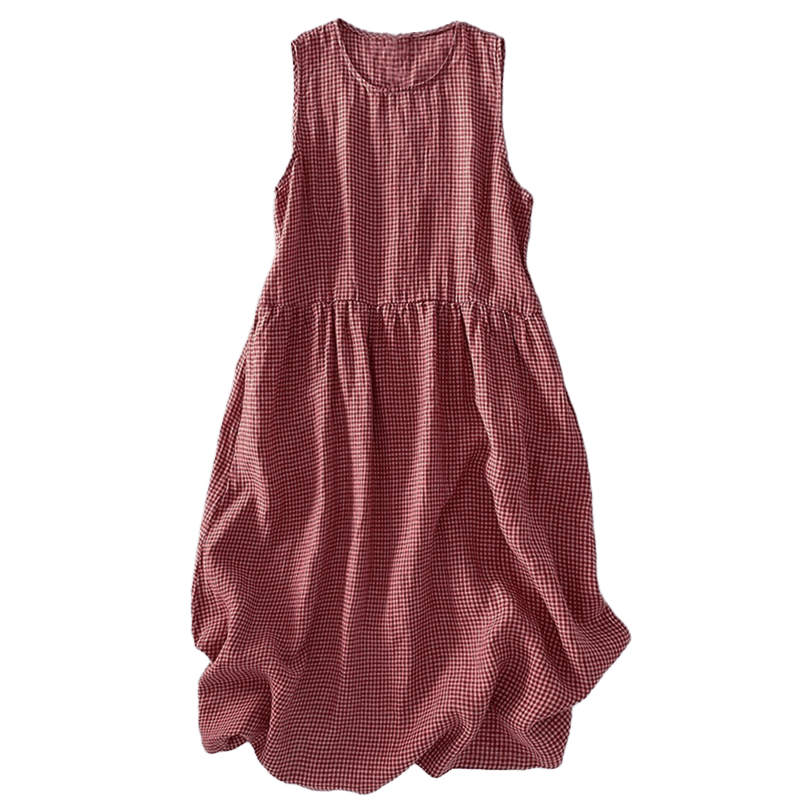 Nimara Ritual Casual Plain Handmade Plaid Midi Dress Cotton Sleeveless Dress With Pockets