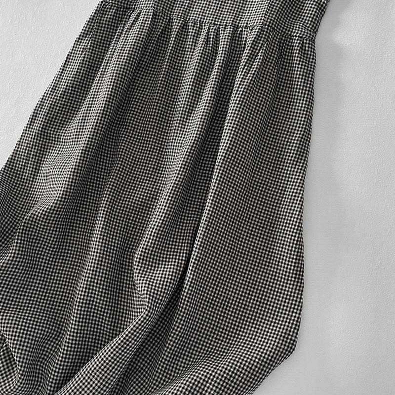 Nimara Ritual Casual Plain Handmade Plaid Midi Dress Cotton Sleeveless Dress With Pockets