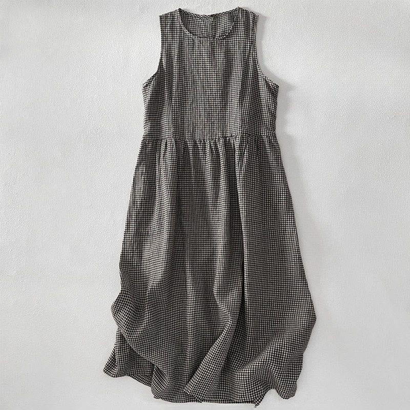 Nimara Ritual Casual Plain Handmade Plaid Midi Dress Cotton Sleeveless Dress With Pockets