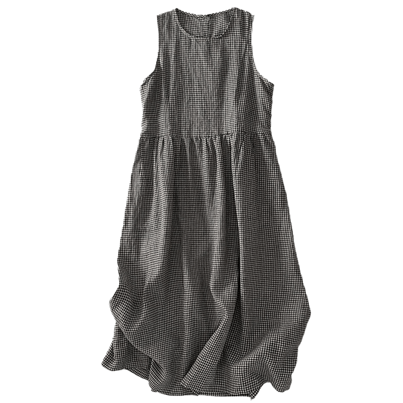 Nimara Ritual Casual Plain Handmade Plaid Midi Dress Cotton Sleeveless Dress With Pockets