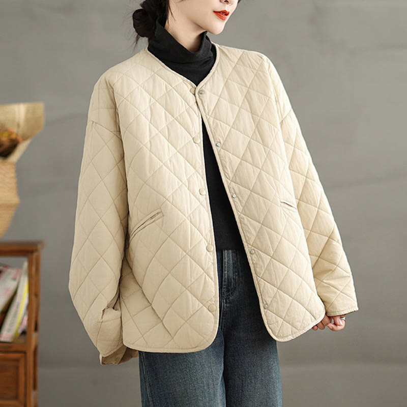 Nimara Ritual Women's Buttons Design Cotton Thermal Diamond-quilted Long Sleeve Jacket With Pockets