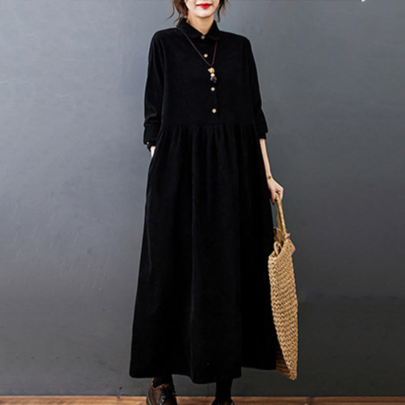 Nimara Ritual Fall Buttons Design Long Sleeve Cotton Corduroy Midi Dress With Pockets