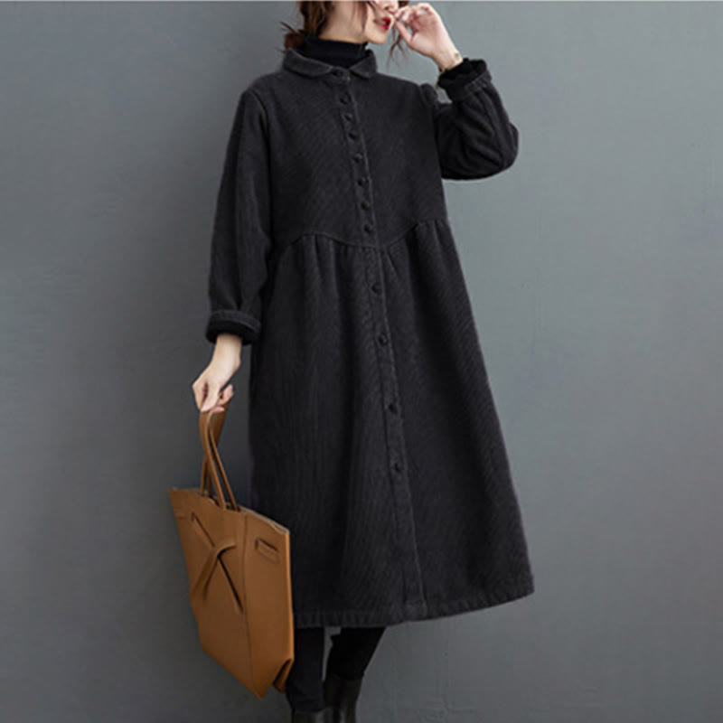 Nimara Ritual Plain Buttons Long Sleeve Women's Corduroy Fleece-Lined Coat With Pockets