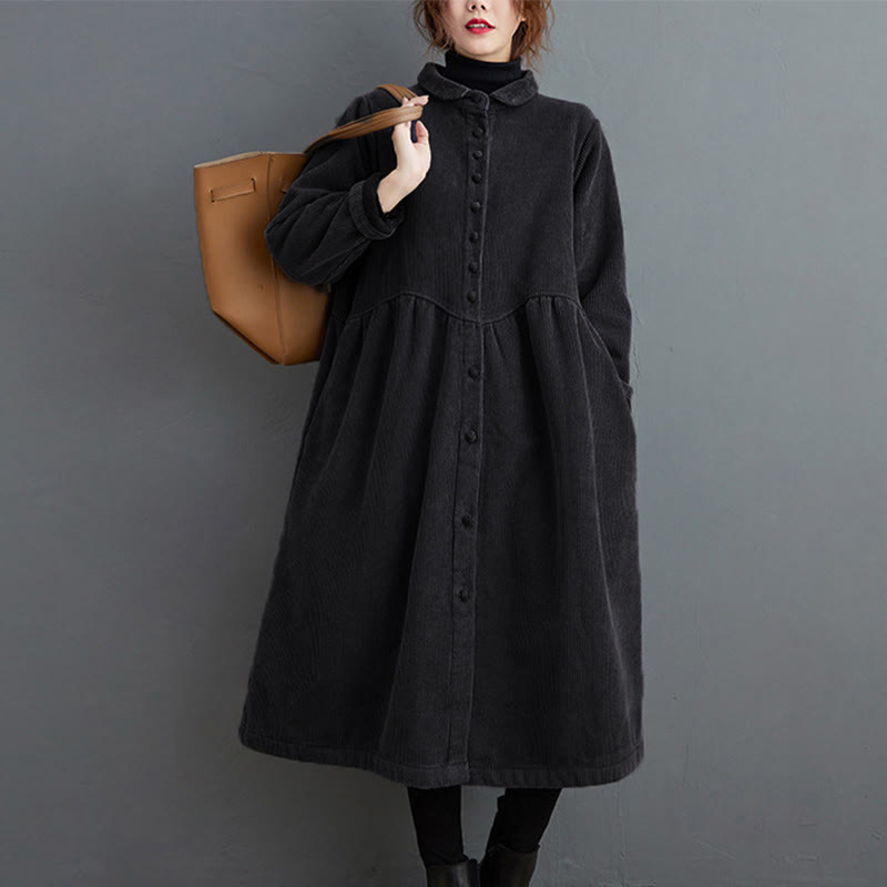 Nimara Ritual Plain Buttons Long Sleeve Women's Corduroy Fleece-Lined Coat With Pockets