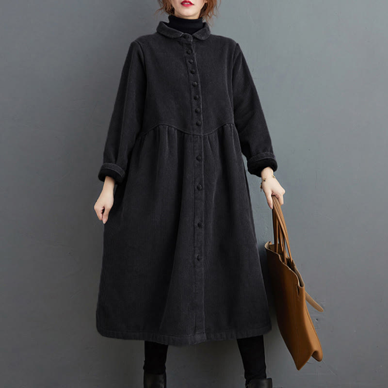 Nimara Ritual Plain Buttons Long Sleeve Women's Corduroy Fleece-Lined Coat With Pockets