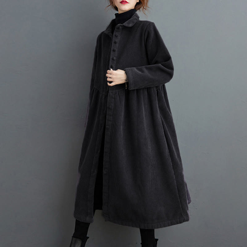 Nimara Ritual Plain Buttons Long Sleeve Women's Corduroy Fleece-Lined Coat With Pockets
