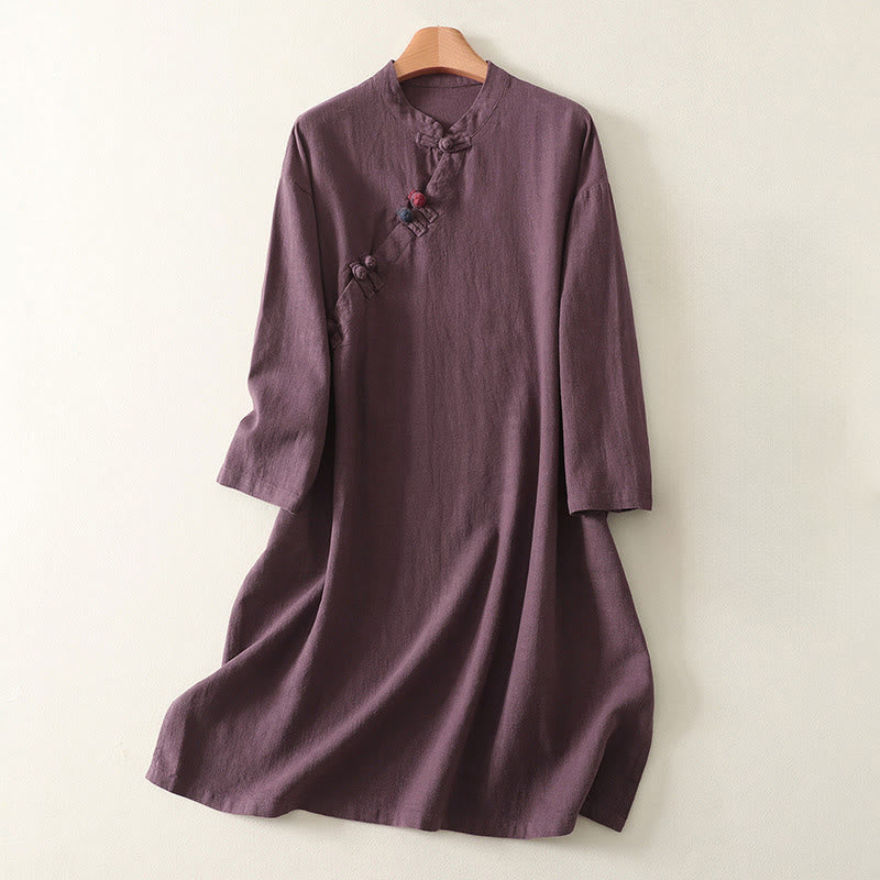 Nimara Ritual Spring Diagonal Closure Frog Buttons Design Cotton Long Sleeve Midi Dress