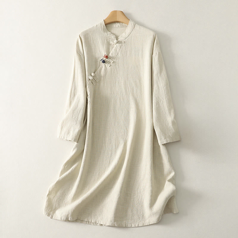 Nimara Ritual Spring Diagonal Closure Frog Buttons Design Cotton Long Sleeve Midi Dress