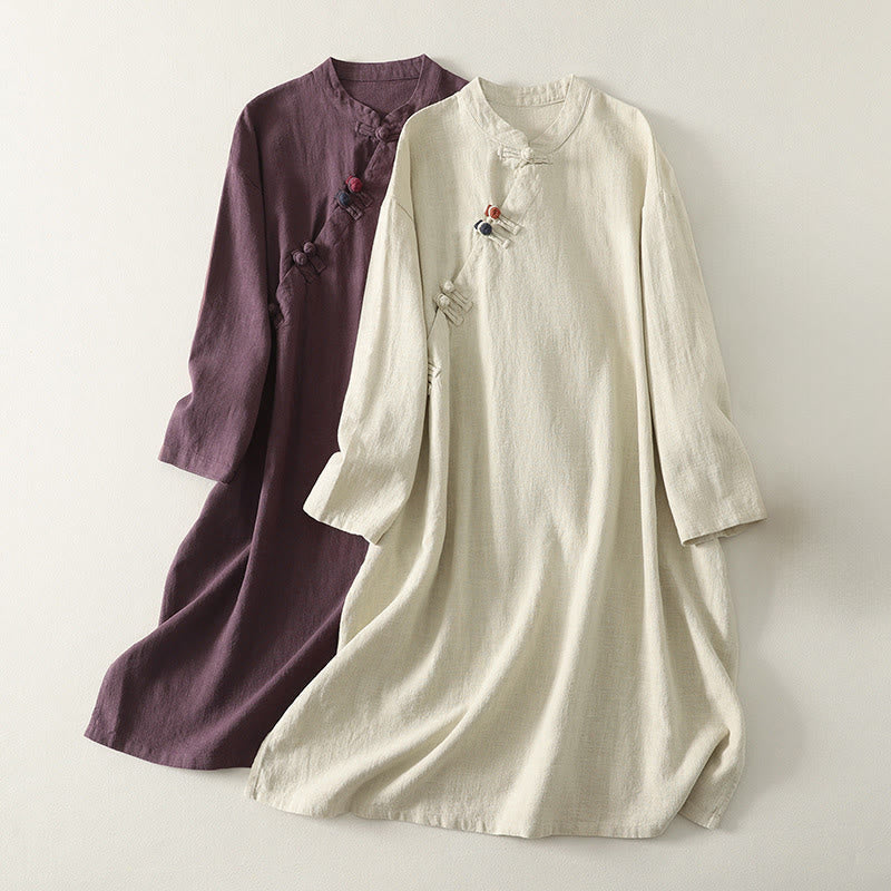 Nimara Ritual Spring Diagonal Closure Frog Buttons Design Cotton Long Sleeve Midi Dress