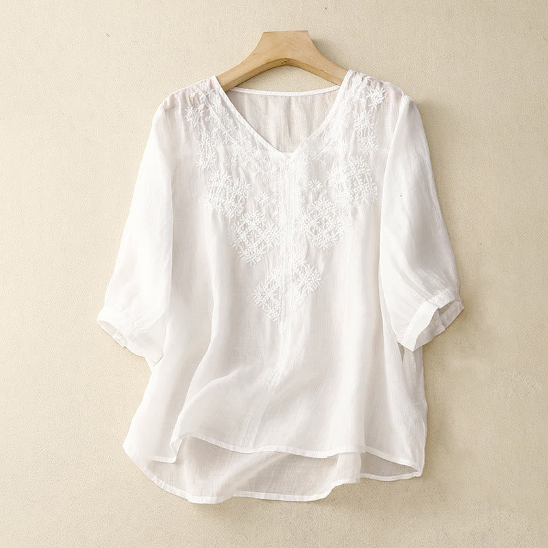 Nimara Ritual V-Neck Lines Embroidery Women's Half Sleeve Shirt