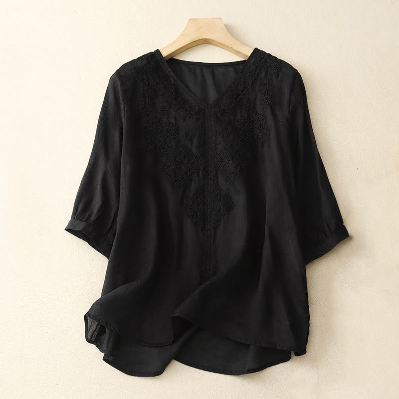 Nimara Ritual V-Neck Lines Embroidery Women's Half Sleeve Shirt
