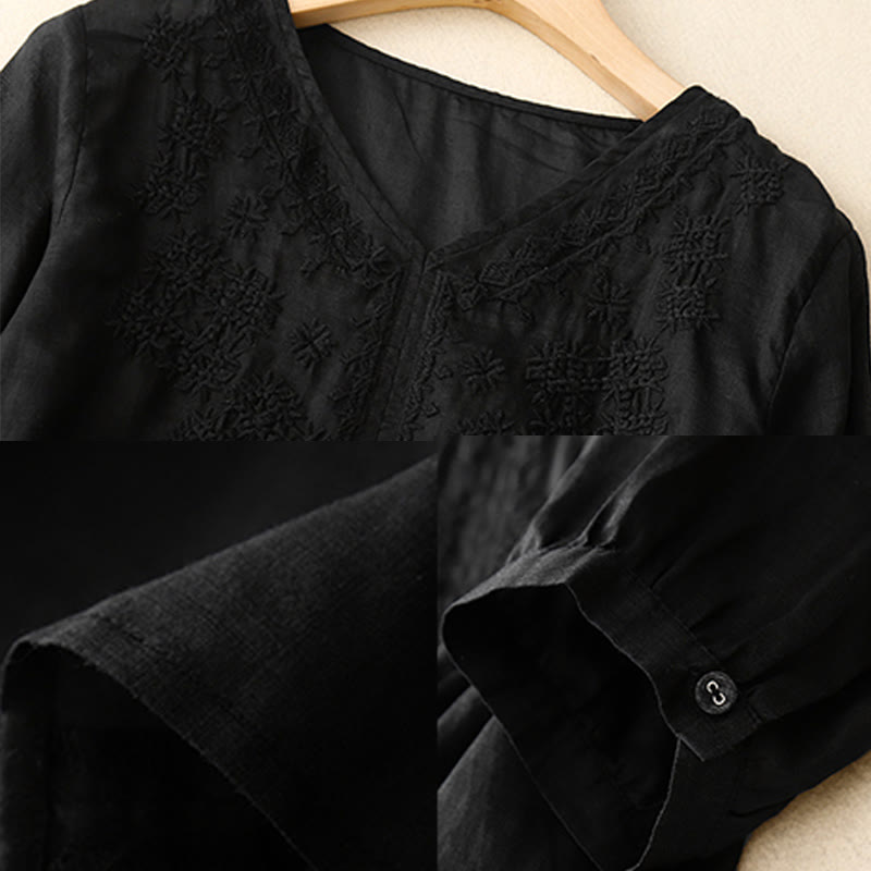 Nimara Ritual V-Neck Lines Embroidery Women's Half Sleeve Shirt